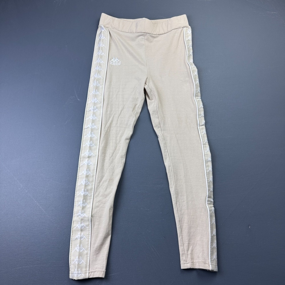 Kappa Girls Large Beige Leggings Logo Tape Side Stripes Athletic Running Stretch